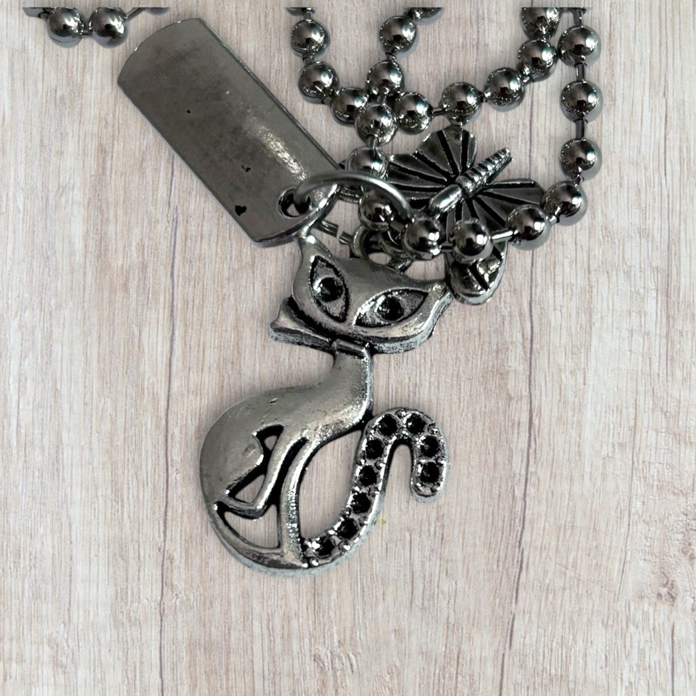 Hand Crafted Necklace GRACE Dog Tag Charms Retro Cat Butterfly Tibetan Pendant - Picture 3 of 6